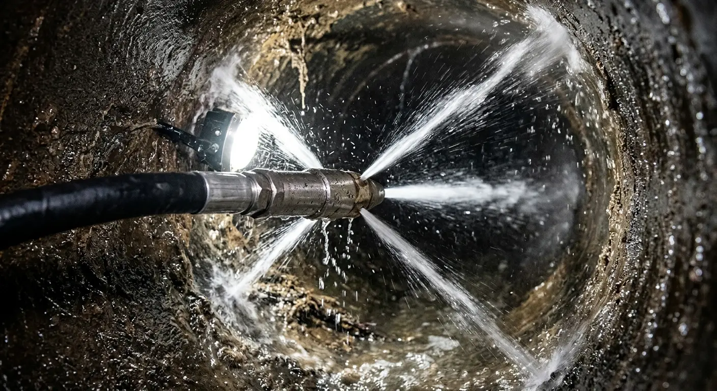 High-pressure hydro jetting nozzle cleaning sewer pipe for Trenchless Sewer Repair in Ave Maria