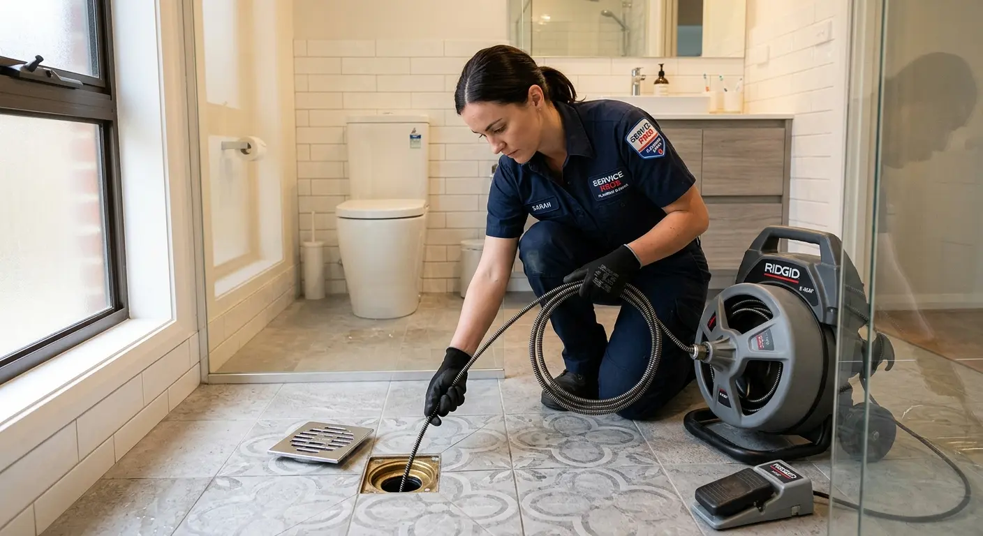 Technician clearing a bathroom floor drain for Drain Repair in Ave Maria